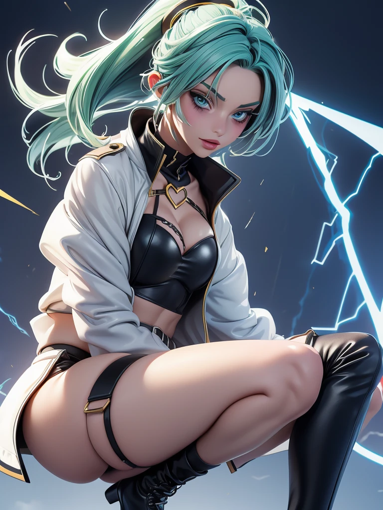 a tall and well-endowed young woman with long, light-green hair. She has blue eyes, prominent eyelashes, and thin, lightning-bolt shaped eyebrows.[4][5] Her attire is a heavily modified and revealing variation of the regular Sternritter's white uniform, consisting of the typical double-breasted jacket, which she keeps tied up to reveal her midriff and unbuttoned, as well as removing the fabric on the sides,[6] to display her cleavage, and a pair of short-shorts which are held up by a black belt with a green[5] heart-shaped buckle attached to the side. She also wears a white cap on her head with gold[5] trimmings, which features a black peak and the Wandenreich insignia emblazoned on its front, and a pair of bulky, shaft-heeled boots.[7]