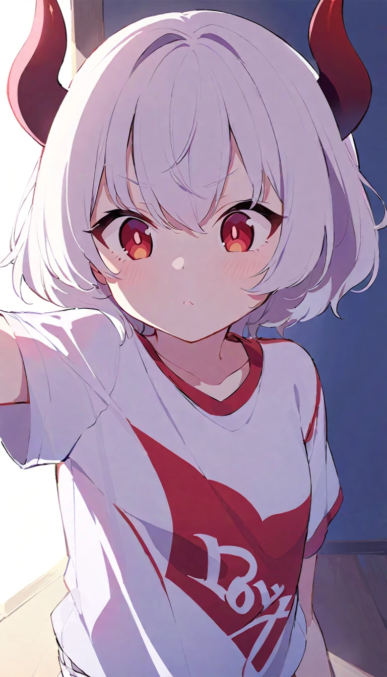 age girl, devil girl, small red horns, white hair, short fluffy hair, big red eyes, pale skin, rosy cheeks, wearing a white deport t-shirt with a red diagonal stripe across the chest, gold lines on the shoulders, white shorts with red lateral lines.