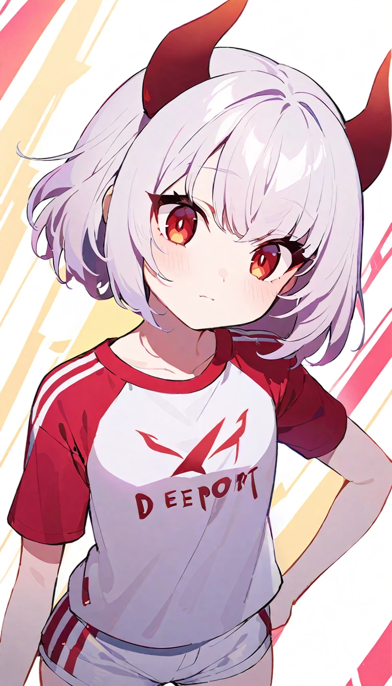 Teenage girl, devil girl, small red horns, white hair, short fluffy hair, big red eyes, pale skin, rosy cheeks, wearing a white deport t-shirt with a red diagonal stripe across the chest, gold lines on the shoulders, white shorts with red lateral lines.