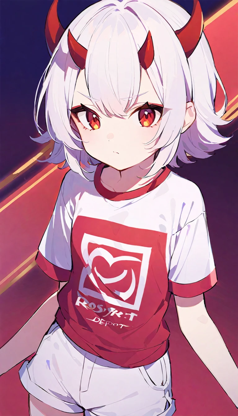 Teenage girl, devil girl, small red horns, white hair, short fluffy hair, big red eyes, pale skin, rosy cheeks, wearing a white deport t-shirt with a red diagonal stripe across the chest, gold lines on the shoulders, white shorts with red lateral lines.