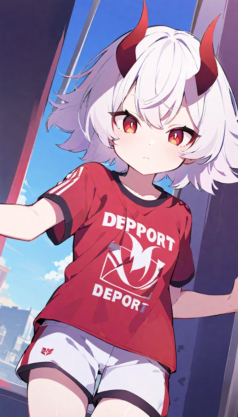 Teenage girl, devil girl, small red horns, white hair, short fluffy hair, big red eyes, pale skin, rosy cheeks, wearing a white deport t-shirt with a red diagonal stripe across the chest, gold lines on the shoulders, white shorts with red lateral lines.