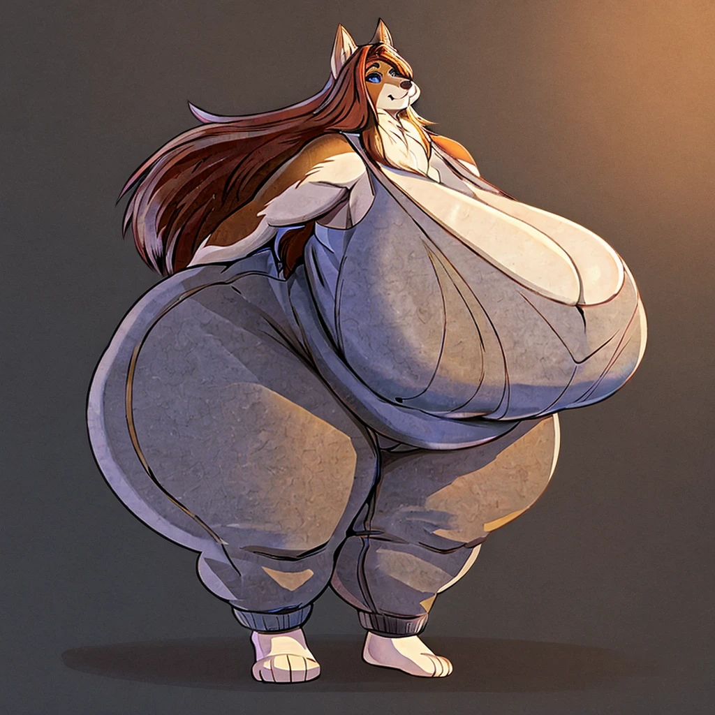 Wolf, female, long hair, huge silhouette,huge breasts, huge hips, huge thighs, huge breasts, huge hips, huge thighs, huge breasts, huge hips, huge thighs, plump, voluptuous, plump, voluptuous, plump, voluptuous, gorgeous, beautiful,, eyelashes, top heavy, bottom heavy,top heavy, bottom heavy,fat arms, fat legs, overweight,thick fur,tank top, sweatpants, juvenile face 