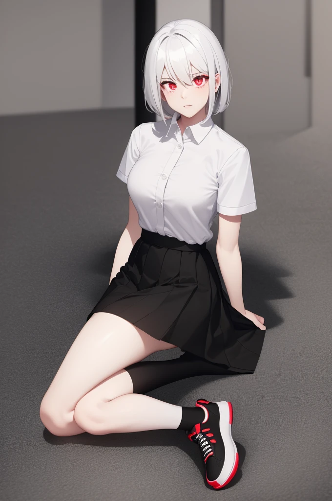 A  girl, white colored hair, red eyes, bangs on the side, in a shirt and skirt