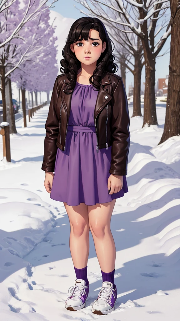 13-year-old girl with a sad but loving face, curly black hair, snow-white skin, a slightly chubby physique, brown eyes, purple dress, leather jacket and white sneakers.