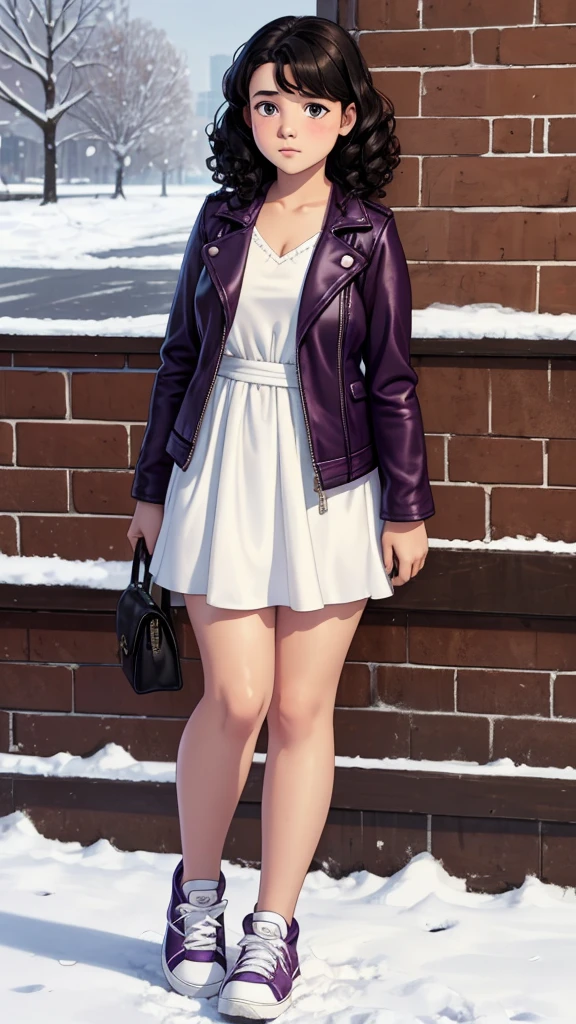 13-year-old girl with a sad but loving face, curly black hair, snow-white skin, a slightly chubby physique, brown eyes, purple dress, leather jacket and white sneakers.