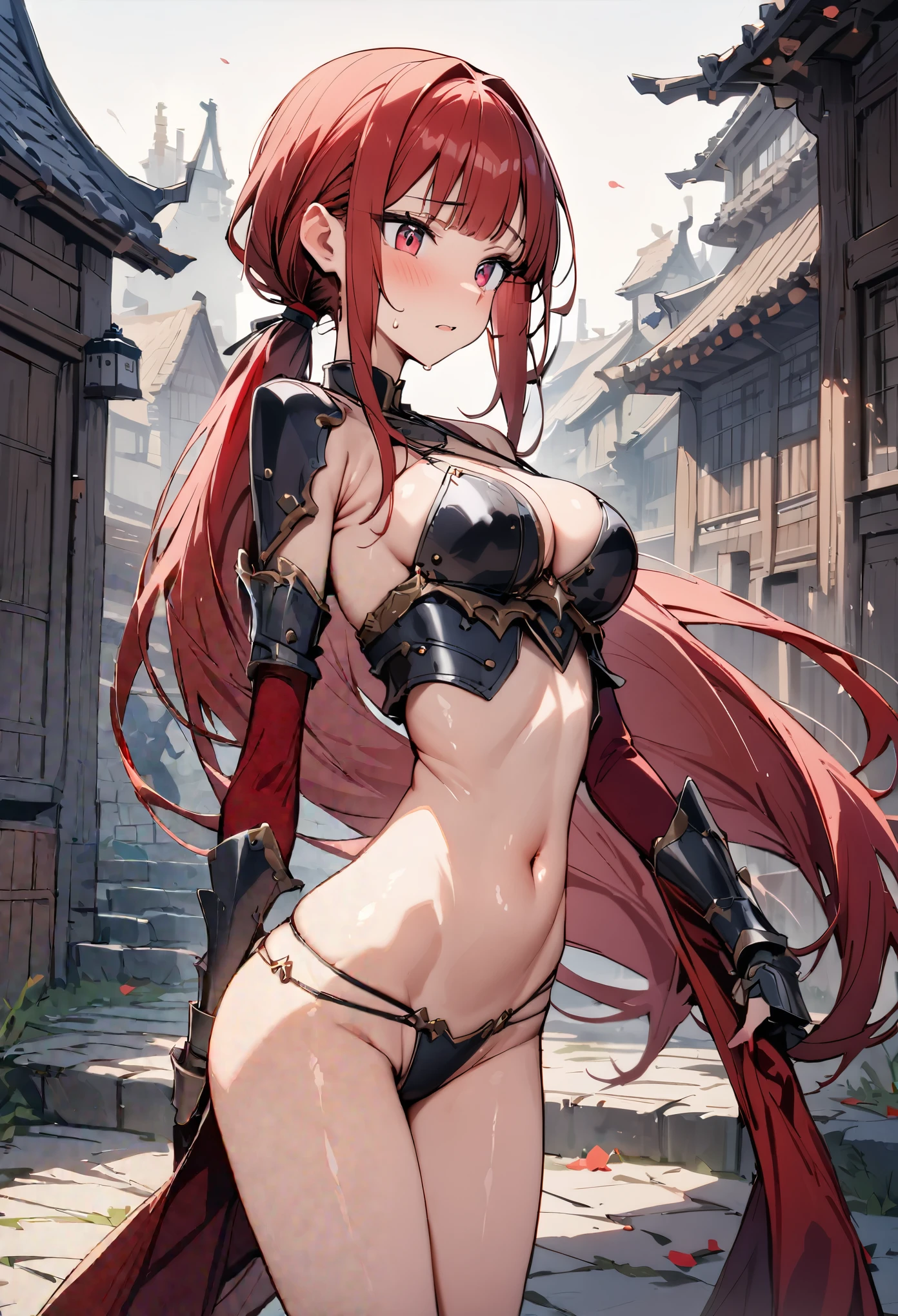 ((masterpiece,Highest quality:1.3)),cowboy shot,1woman,30 year old beauty,独奏,((very small head:1.2)),red hair,long hair,low ponytail,blunt bangs,red eyes,gorgeous eyes,shy,medium breasts,((very long body:1.2)),((toned body,slender body,skinny)),gleaming skin,shiny skin,sweat,iron bikini armor、Iron Gauntlets、Large bedroom、Medieval Europe、