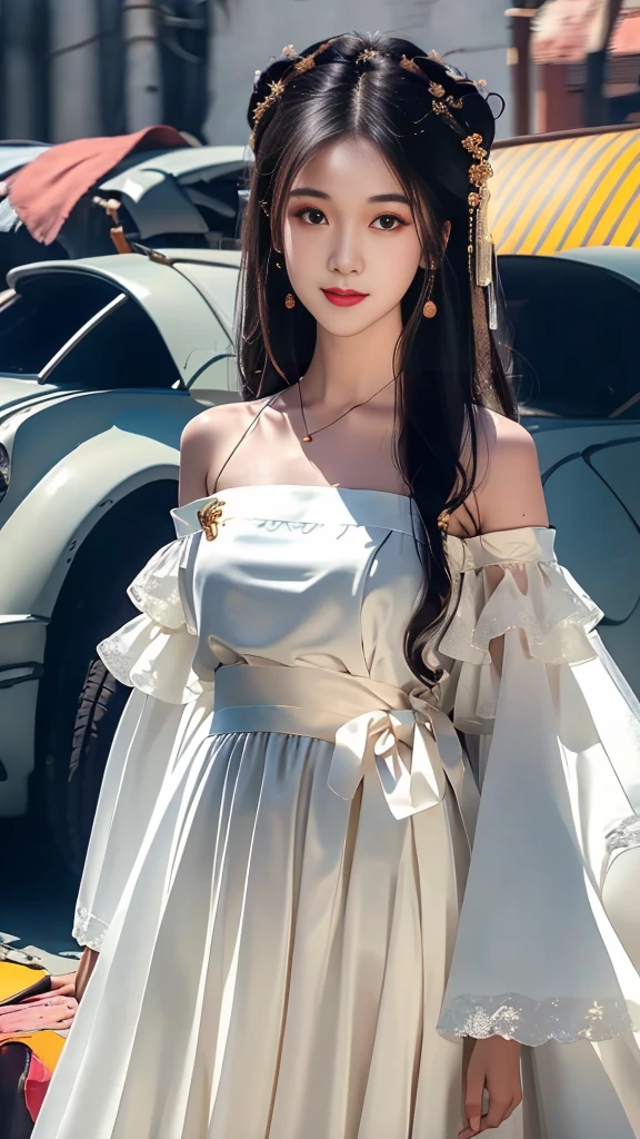 Girl in traditional Chinese clothing, Hanfu, Guzhen Hanfu women, White Hanfu,long straight black hair, black eyes, black bun hairstyle, hair accessories ,white diamond earrings, Bangle Diameter, Dia Necklace, Clear eyes, Facing forward,put on makeup, Long eyelashes ,(Long shoulder coat:1.5), (long white skirt:1.5), ((Whole body)), ((from below))ฃ, Clear face, , (Very beautiful face, Beautiful mouth, beautiful eyes), detailed face, ((Ultra-fine skin)), In the dark, deep shadows, an ancient Chinese girl (Very slim figure 1.3) ,Plump breasts, sexy slender legs elegant posture (smile brightly) ,(slum:1.5),