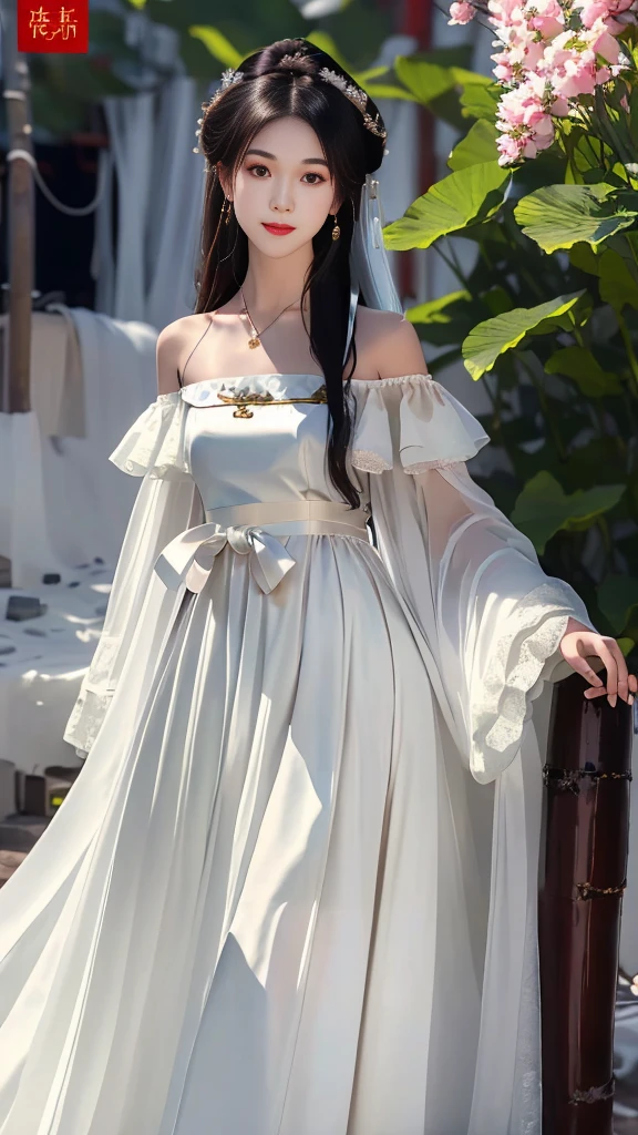 Girl in traditional Chinese clothing, Hanfu, Guzhen Hanfu women, White Hanfu,long straight black hair, black eyes, black bun hairstyle, hair accessories ,white diamond earrings, Bangle Diameter, Dia Necklace, Clear eyes, Facing forward,put on makeup, Long eyelashes ,(Long shoulder coat:1.5), (long white skirt:1.5), ((Whole body)), ((from below))ฃ, Clear face, , (Very beautiful face, Beautiful mouth, beautiful eyes), detailed face, ((Ultra-fine skin)), In the dark, deep shadows, an ancient Chinese girl (Very slim figure 1.3) ,Plump breasts, sexy slender legs elegant posture (smile brightly) ,(slum:1.5),