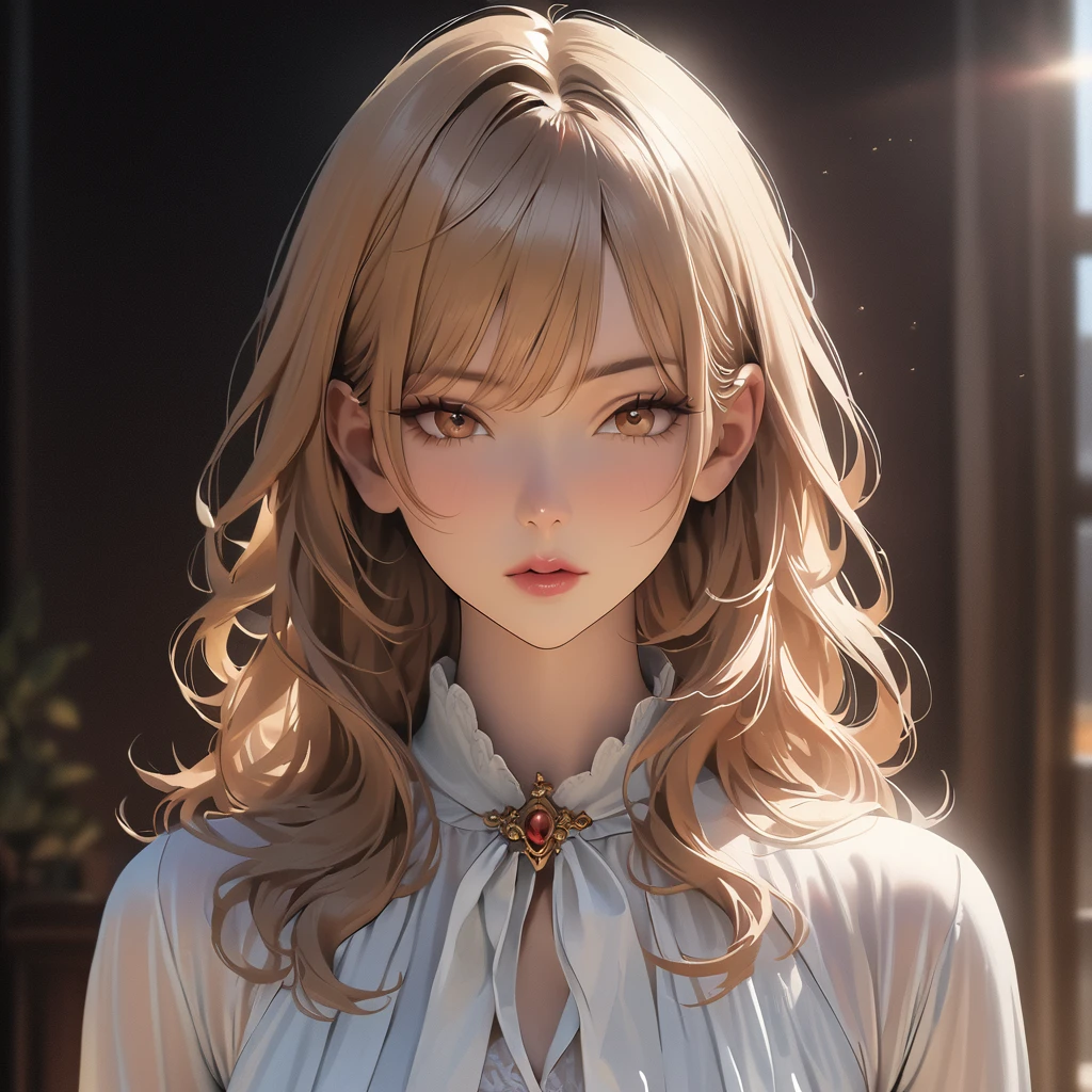 (Highest quality, 8K, masterpiece, High resolution, Super detailed), Realistic, Tsukasa Hojo style, Mysterious Woman, Loose white dress, Black high heels, Long golden hair, Delicate features,  Soft Shadows,  Stare straight ahead, No exaggerated features,  Realistic Skin,  Minimalist Background,  Soft lighting,  Film Grain.