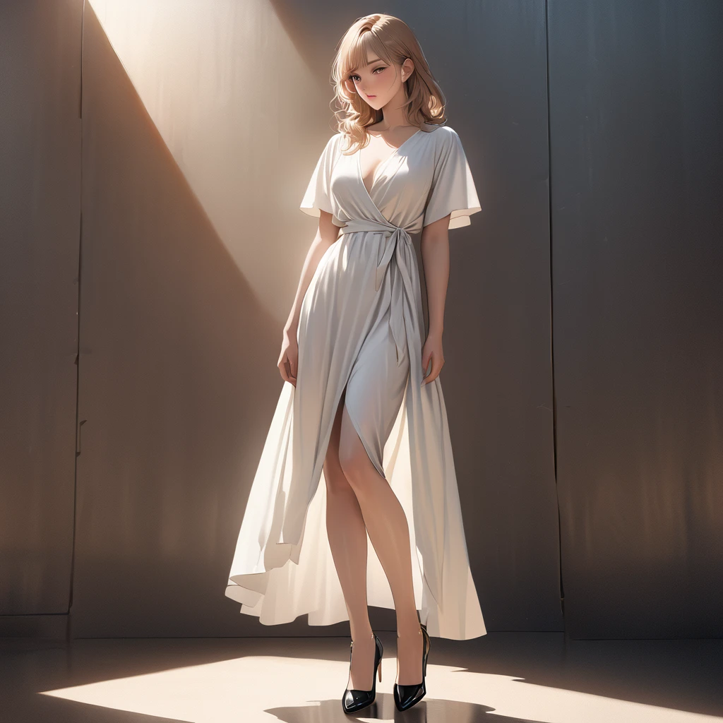 (Highest quality, 8K, masterpiece, High resolution, Super detailed), Realistic, Tsukasa Hojo style, Mysterious Woman, Loose white dress, Black high heels, Long golden hair, Delicate features, Soft Shadows, Stare straight ahead, No exaggerated features, Realistic Skin, Minimalist Background, Soft lighting, Film Grain.