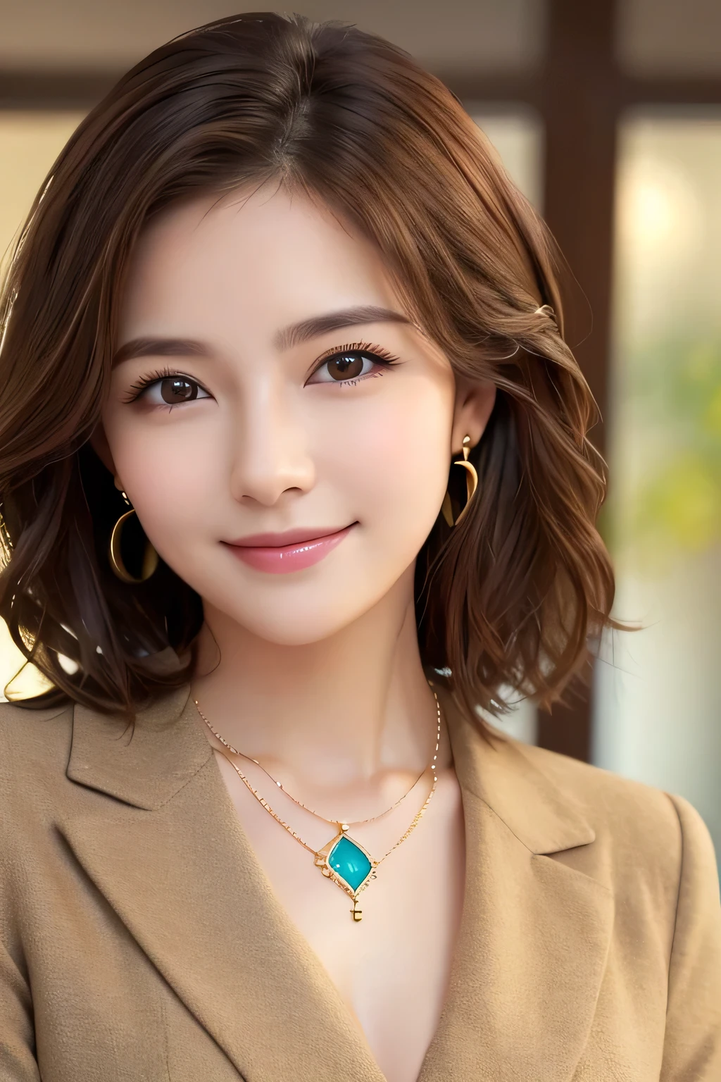 Beautiful young woman、 、Brown Hair、Necklace around the neck、、Closed Mouth Smile、Office Lady Suits、Wavy Hair、short hair、Intricate details, Very detailed:1.2), 、 Looking into the camera,The background is the office、ear piercing