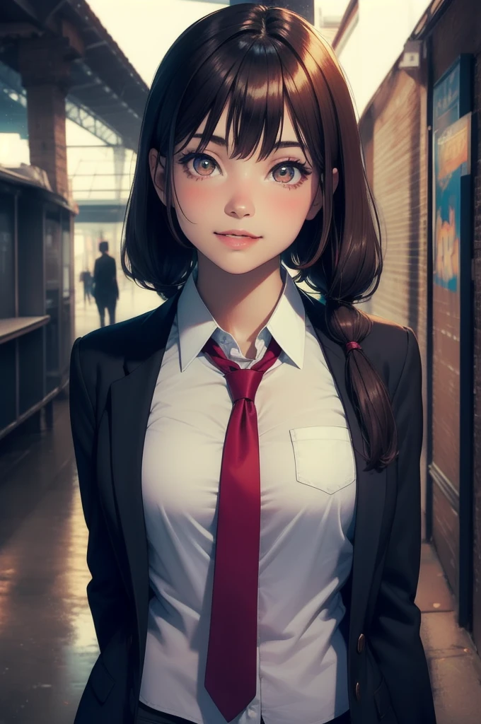 (Smoother lighting:1.05), (Improving the lighting quality of movies:0.9), One girl, Realistic lighting, Backlight, Light on the face, Ray-tracing, (Bright light:1.2), (Highest quality, masterpiece),  female, smile, Laughter, , White shirt, tie, Pigtails, Long Hair, Redhead, blush, View Viewer, cute, Captivating eyes, (Brown eyes), slouch, School corridor