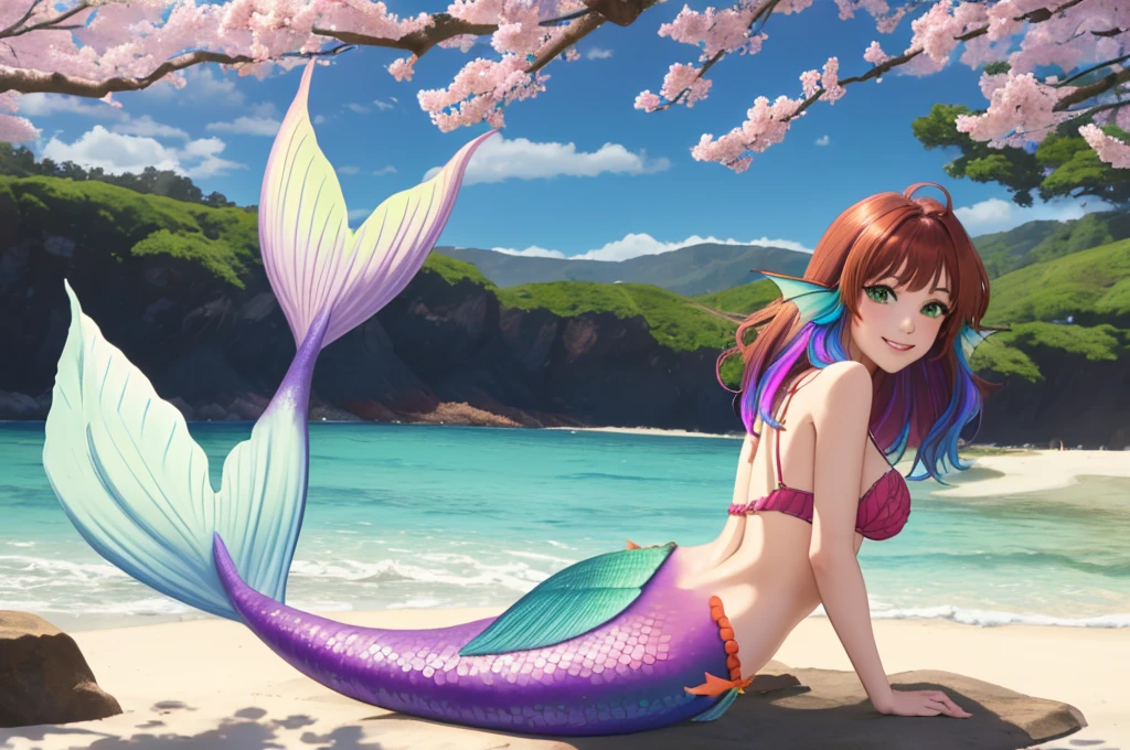 masterpiece, best quality:1.2), 1girl, smile, looking at viewer, green eyes, short brown multicolored hair, mermaid, mermaid girl, wearing purple seashell bra, laying on beach, colorful mermaid tail, outdoors, head fins, fin ears, under cherry blossoms