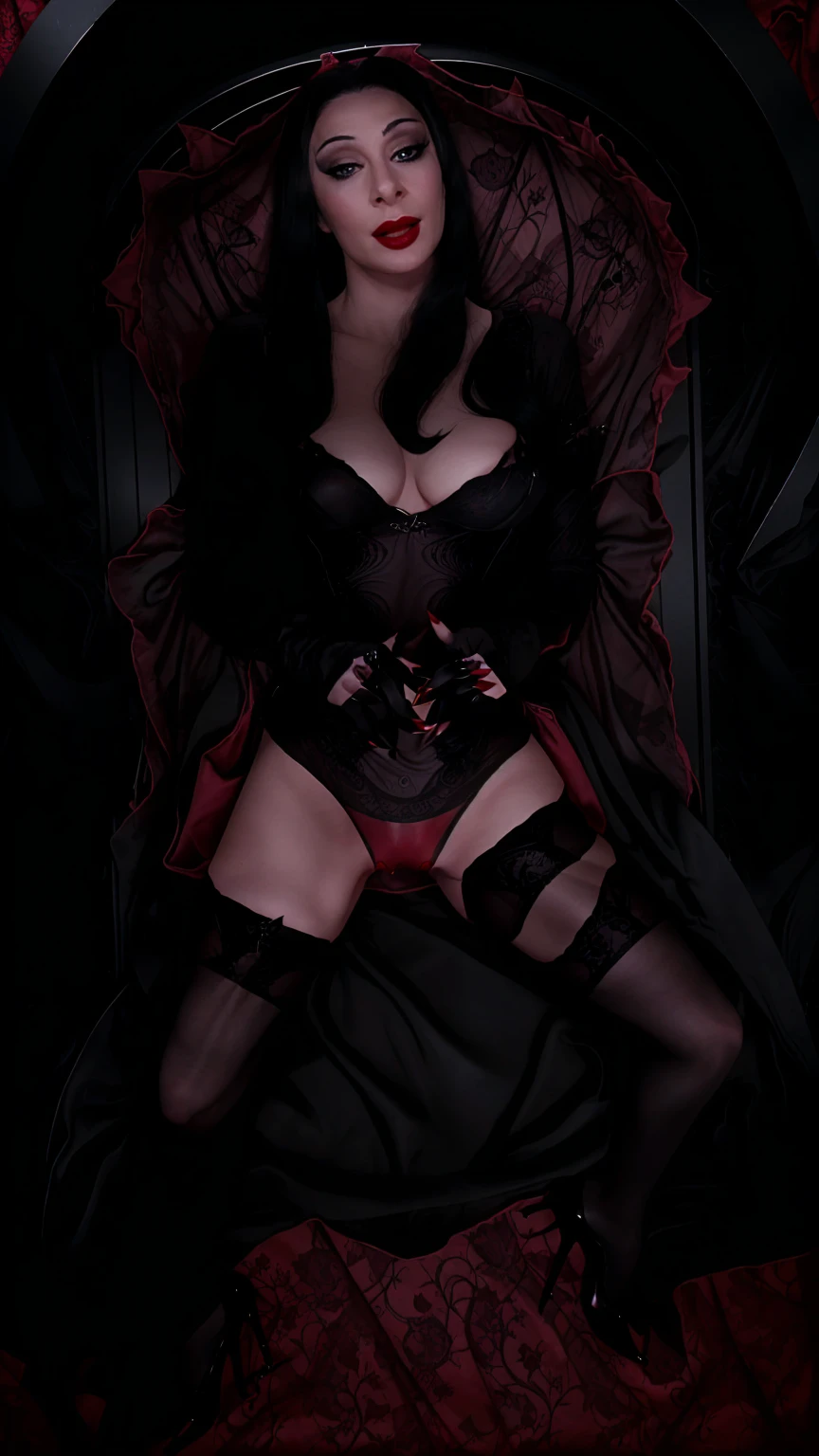 morticia, full body, sexy girl in sexy black lingerie with lace stockings, morticia addams, open legs, ((((red lipstick on mouth, black lined eyes))))