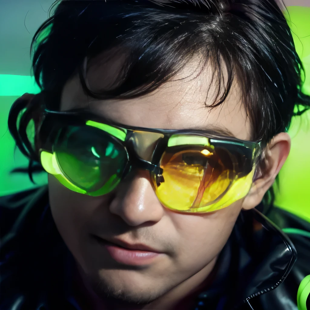 best quality, ultra-detailed, realistic, (1man), (black coat), (fluorescent color lens glasses:1.8), laugh,