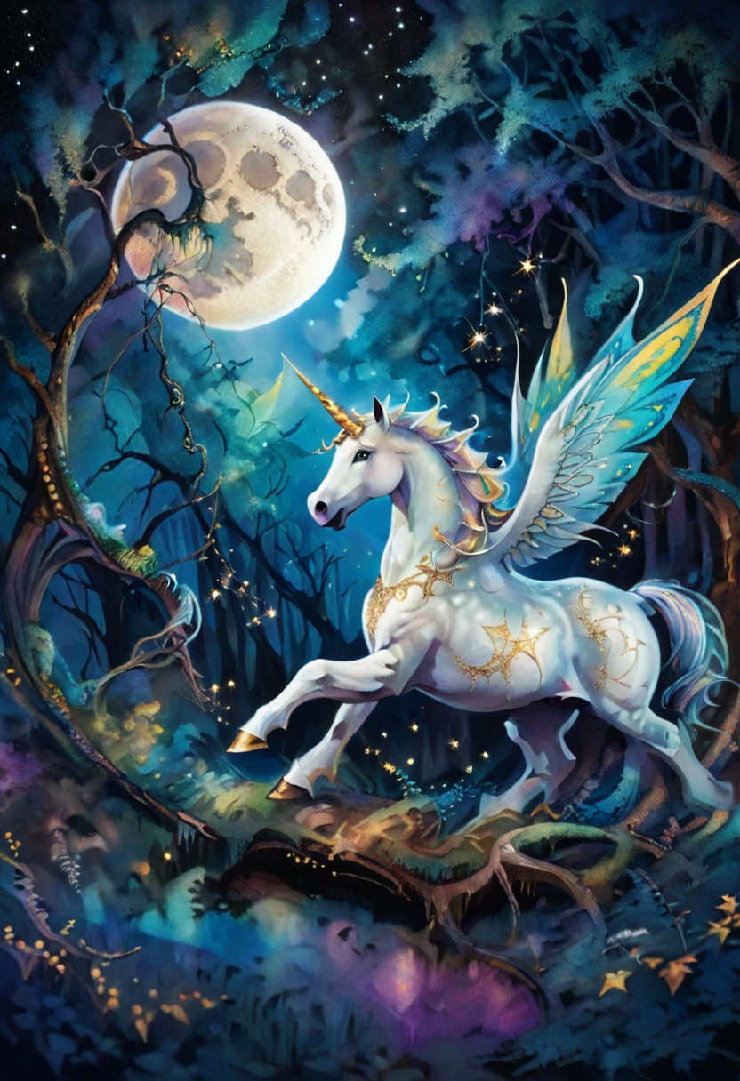 a surreal landscape composed of a starry sky full of bright constellations and a giant moon that illuminates an enchanted forest. In the woods, Twisted, iridescently colored trees intertwine with luminous vines that glow in the dark. Magical creatures like dancing fairies, majestic unicorns and winged dragons move through the trees, creating an atmosphere of magic and mystery. The scene is imbued with a sense of calm and wonder, inviting the viewer to immerse themselves in a world of fantasy and wonder.