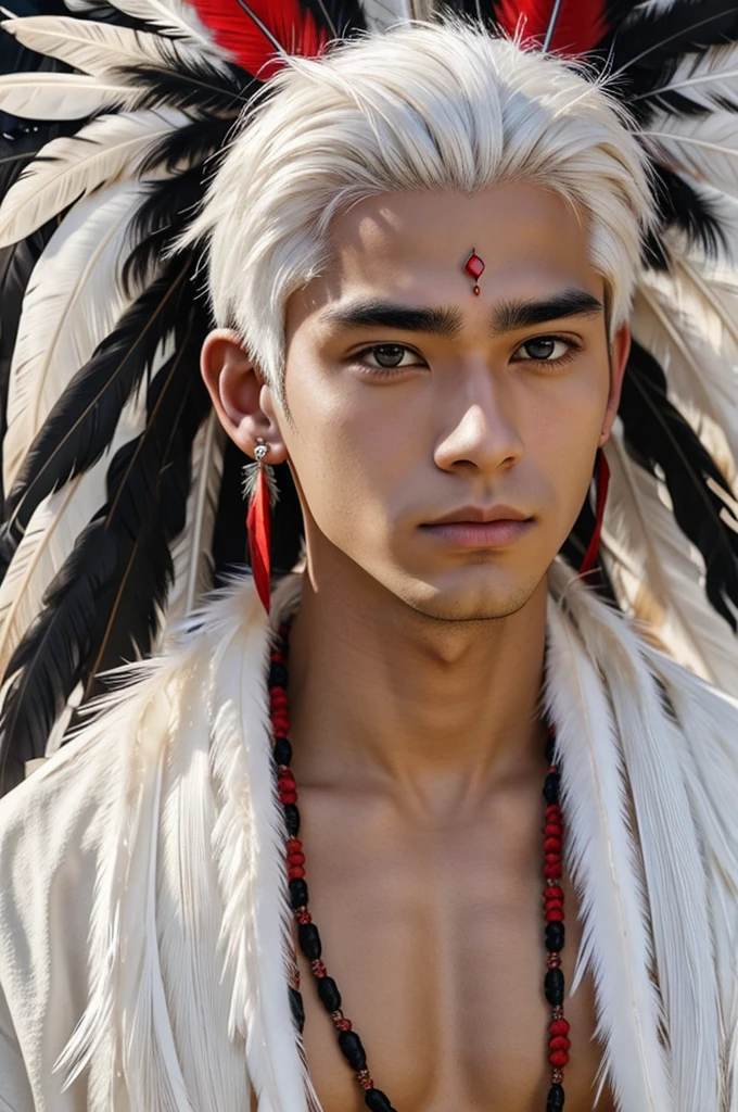 White haired anime boy with some strands on his forehead, BROWN SKIN, Red eyes, earrings with black feathers and sue are a kind of indigenous