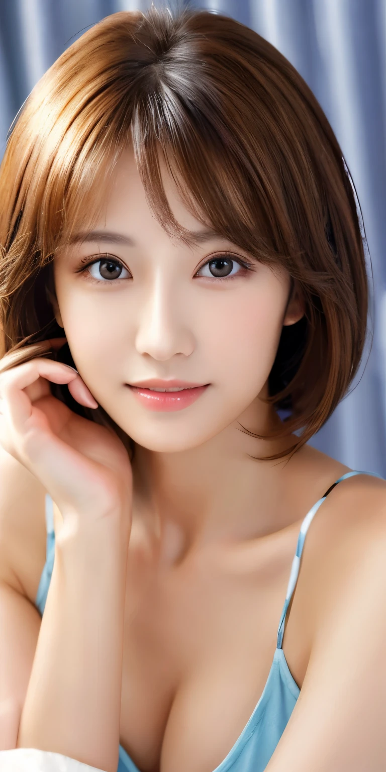 masterpiece、highest quality、High resolution、table top、wallpaper、realistic、bright lighting、professional lighting、face light、smooth lighting、japanese woman、adult、Beautiful woman、action、gravure、sexy、poor、super beautiful、beautiful skin、beautiful and detailed eyes、detailed face、slim、Moderately、short hair、brunette colored hair、brown eyes、look at the camera、Let&#39;s 