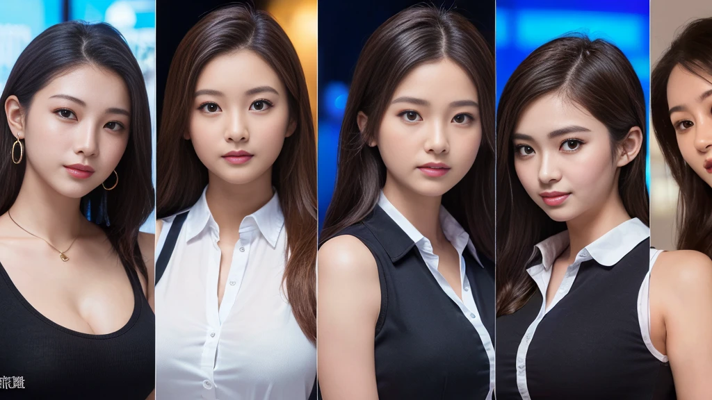 ((super high quality、High resolution、masterpiece、 Anatomically correct、Super detailed photos、Ultra-realistic photos、 Highest quality))、(3girls)、looking at viewer、((portrait))、(from below:1.2)、(big breast)、Small waist、Detailed face、Perfect figure、Three girls holding each other close、 ((Female announcer:1.2))、Television studio broadcasting the news、Cleavage、((news caster))、((sleeveless shirt))