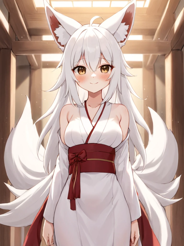 1girl, solo, long white hair, brown eyes, adult, narrow eyes, mature, nine-tailed Kitsune, kemonomimi, nine tails, fox ears, slender figure, average bust, smirking, white Kimono dress with red sash, light blush, fair-skinned, looking_at_viewer, indoors