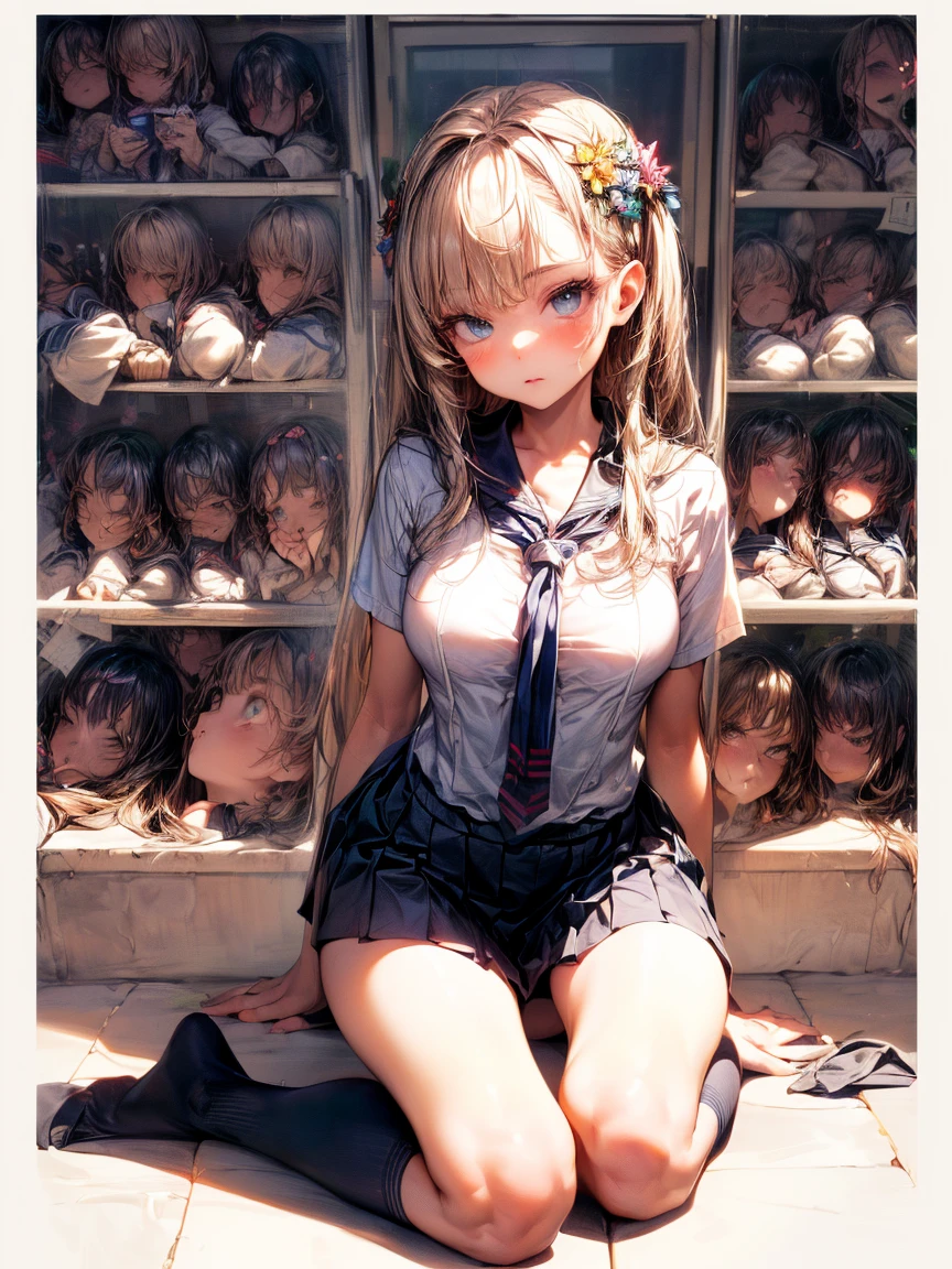 (High School Uniform:1.5)、(Spread your legs)、(Rich color expression)、(Big Breasts)、8K resolution、 masterpiece、((Highest quality))、Anatomically correct、The girl is alone、(I narrowed my eyes a little..:2)、(Flower Hair Ornaments)、(tie)、(ribbon)、((Hasselblad Photos))、[:(Detailed face:1.2):0.2]、(On all fours)、(Standing on tiptoes:1.3)