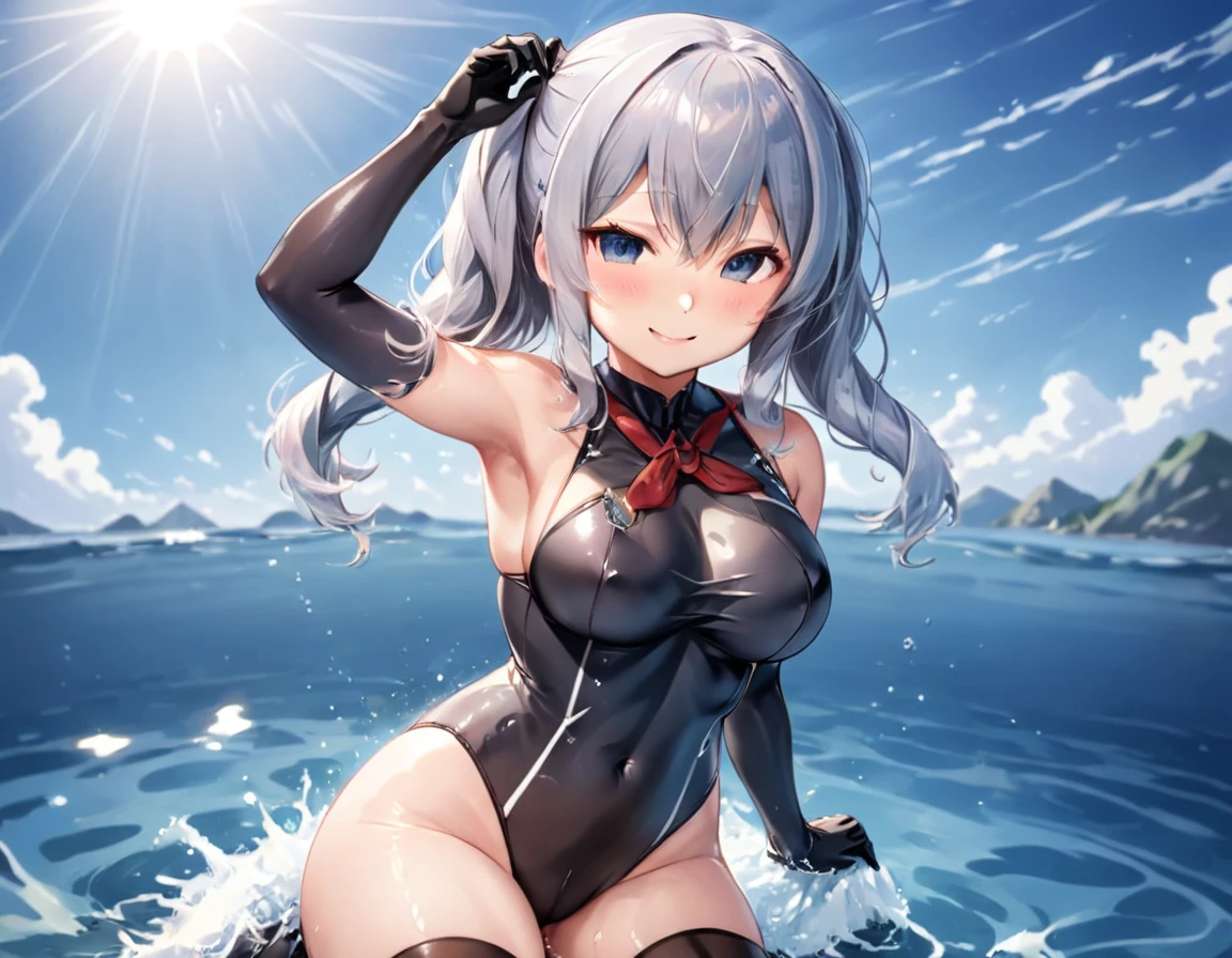 ((kancolle, Kantai Collection, Kashima)), (large breasts), breast bags, slightly slanted eyes, long black rubber gloves, long black knee-high socks, blue competition swimsuit, wrinkled swimsuit, tight swimsuit, swimsuit reflecting light, wet swimsuit, wet skin, framed breasted, double bust, framed groin, framed navel, cleavage sticking to swimsuit, sunlight, one arm raised up, sitting, legs closed, from the front and slightly below, looking at the viewer, kind teasing light smile