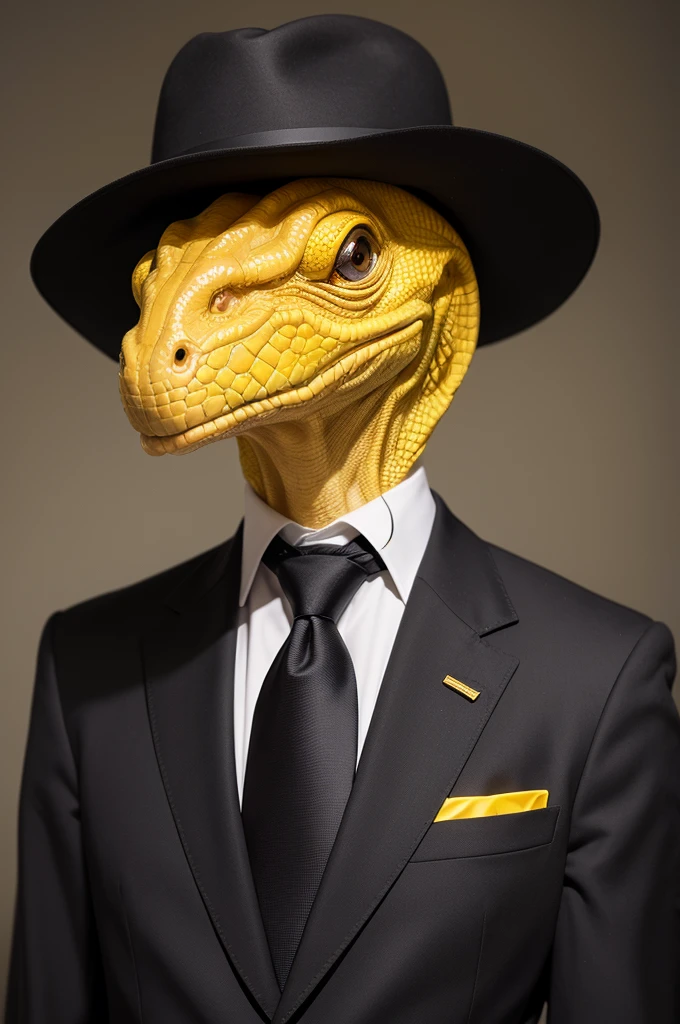 old humanoid with wrinkled face and yellow reptilian eyes, black suit hat and tie.