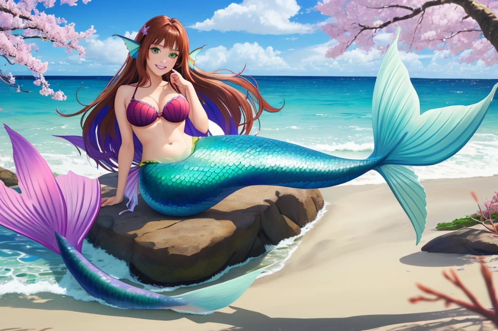 masterpiece, best quality:1.2), 1girl, smile, looking at viewer, green eyes, short brown multicolored hair, mermaid, mermaid girl, wearing purple seashell bra, laying on beach, colorful mermaid tail, outdoors, head fins, fin ears, under cherry blossoms