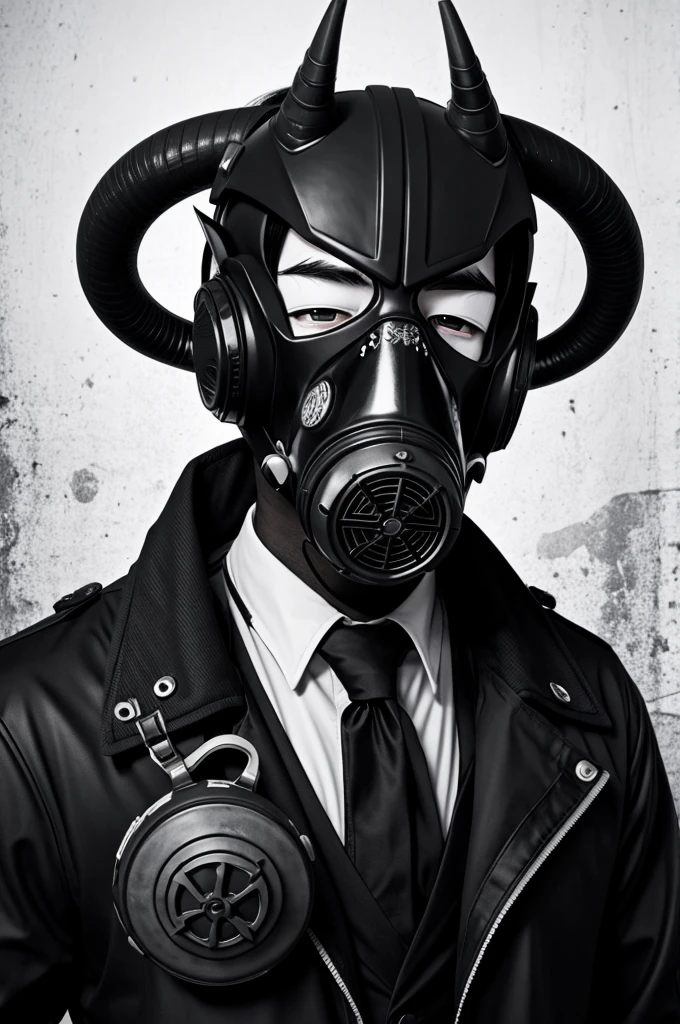 Grammar anime style character, evil looking male with horns and a gas mask in black and white