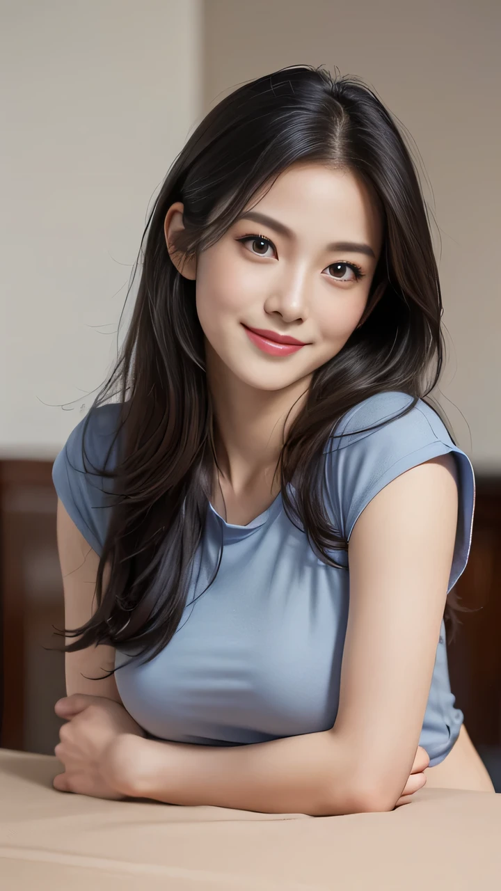 Navy blue T-shirt、Upper Body, Medium breasts,Beautiful and delicate eyes, (Long hair:1.2), (8K, best quality, On the table:1.2), (Practical, Photorealistic:1.37), Extremely detailed, 1 girl, Lovely, Solitary, (Red and swollen nose),(Smile:1.15),(Shut up)