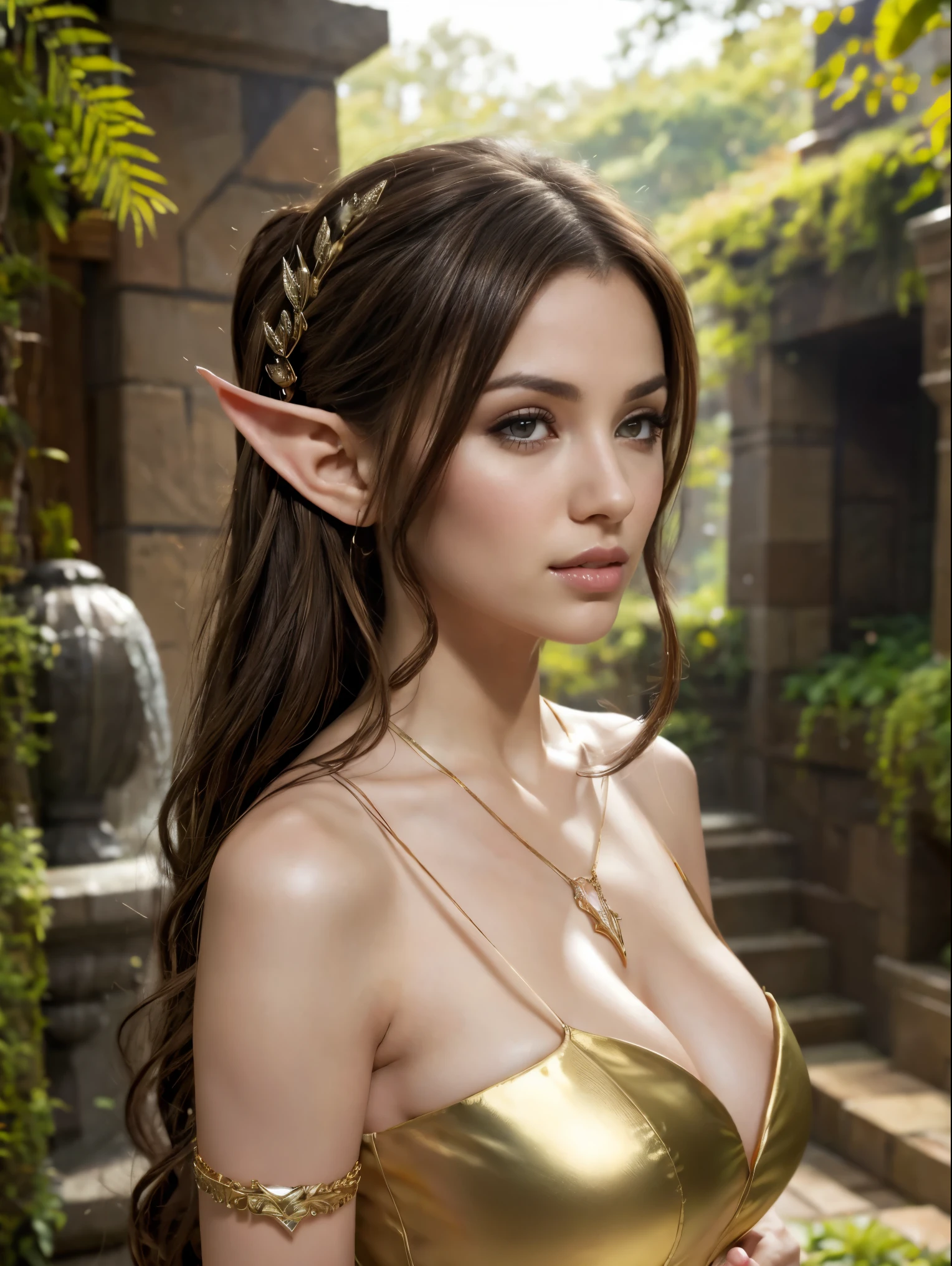 Extremely busty thin and toned brunette elf maiden, elegant woman, fair skin, loose updo, soft face, elf ears, athletic, see-through white dress, jewelry, bangles, gold accessories. detailed background, elvish garden, pavilion, elf city.