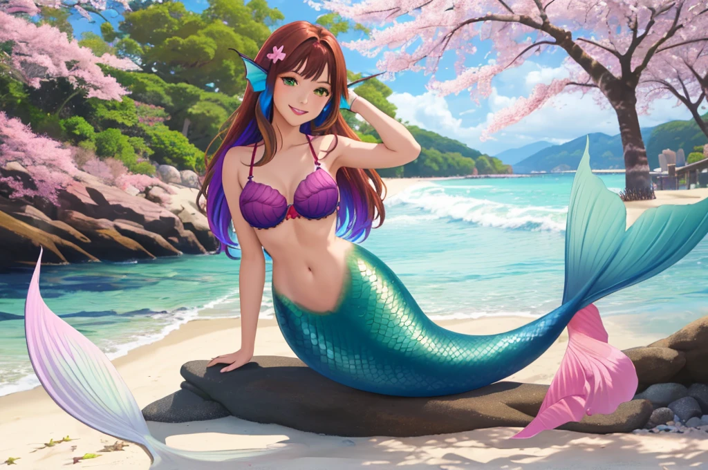 masterpiece, best quality:1.2), 1girl, smile, looking at viewer, green eyes, short brown multicolored hair, mermaid, mermaid girl, wearing purple seashell bra, laying on beach, colorful mermaid tail, outdoors, head fins, fin ears, under cherry blossoms