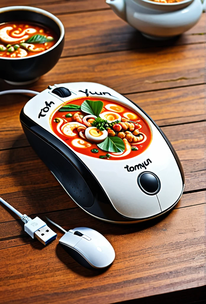 Futuristik mouse for computer,screen print with thai food patern.namely tom yum koong. higly detailed, wood table.
