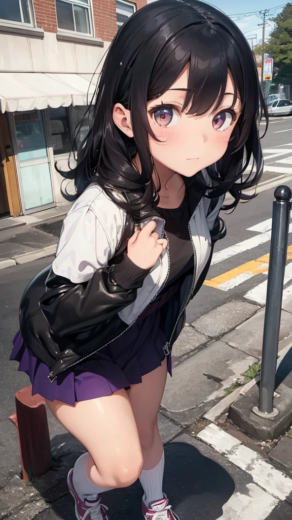 13-year-old girl with a sad but loving face, curly black hair, snow-white skin, a slightly chubby physique, brown eyes, purple dress, leather jacket and white sneakers.