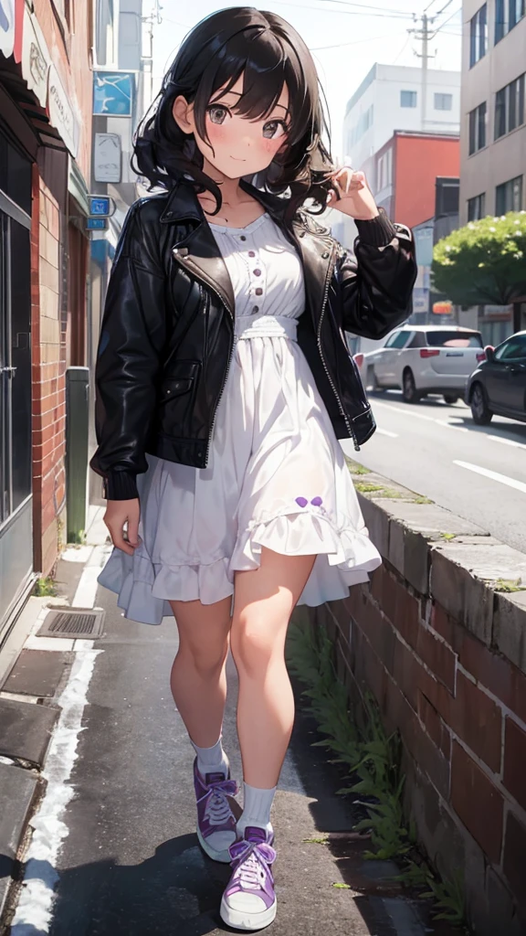 13-year-old girl with a sad but loving face, curly black hair, snow-white skin, a slightly chubby physique, brown eyes, purple dress, leather jacket and white sneakers.