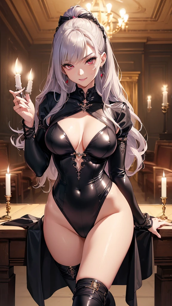 (((Masterpiece、Ultra high definition、Ultra HD、８K Quality)))、(((Adult woman wearing a sexy purple high leg bondage suit、Cleavage, Beautiful legs out of a bondage suit、Bondage Long Boots))), ((Platinum Silver Hair、Long Hair, Loose wavy hair)))))、(((Beautiful shining red eyes、Big Eyes)))、((Bangs))、 Pink Lips、  Sexy expression, ((Very detailed)), (Perfectly detailed face), (A beautiful, well-proportioned face and slender figure), (Anatomically correct face and body), (Ergonomically correct posing), (Well-drawn, detailed hands and fingers) 、Very large breasts、((Bewitching Smile))、Photorealistic images 、 (((Picture from the waist up)))、(((Elegant earring design、ring)))、(((Secret Members Only Party、A dark room in a big mansion、Suspicious atmosphere、Candlelight)))
