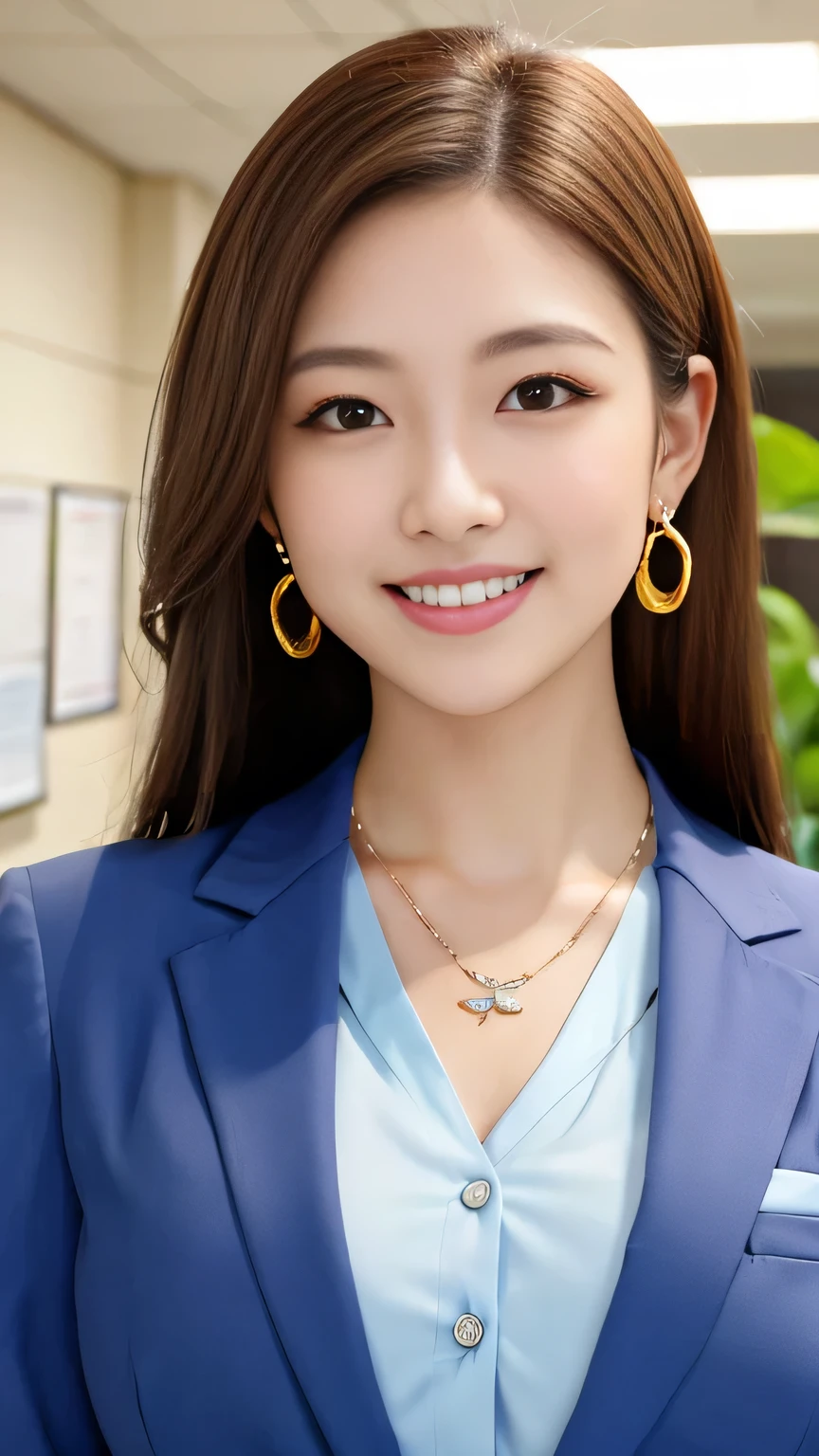 Highest quality:1.2), RAW Photos, High resolution, Very detailed, Intricate details, 、ear piercing、smile、Emphasis on teeth、ウェーブのかかった髪、Light brown hair、 (Front view, ), Clear beauty, Upper Body, (High quality fabric, Office Lady Suit 、 Necklace around the neck、 indoor,