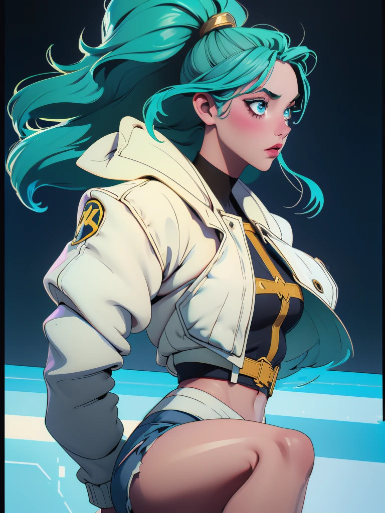 a tall and well-endowed young woman with long, light-green hair. She has blue eyes, prominent eyelashes, and thin, lightning-bolt shaped eyebrows.[4][5] Her attire is a heavily modified and revealing variation of the regular Sternritter's white uniform, consisting of the typical double-breasted jacket, which she keeps tied up to reveal her midriff and unbuttoned, as well as removing the fabric on the sides,[6] to display her cleavage, and a pair of short-shorts which are held up by a black belt with a green[5] heart-shaped buckle attached to the side. She also wears a white cap on her head with gold[5] trimmings, which features a black peak and the Wandenreich insignia emblazoned on its front, and a pair of bulky, shaft-heeled boots.[7]