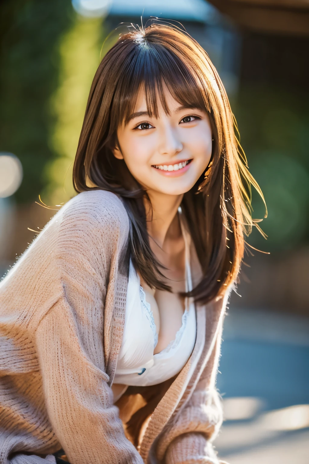 best quality ,masterpiece,ultra high res, very beautiful, kawaii, (photo realistic:1.4), 1girl, Japanese, above the knee, long hair, brown hair, looking at viewer, cleavage, smiling, wearing cardigan, outdoors, Cinematic, 35mm lens, f/ 1. 8, accent lighting, 8k,