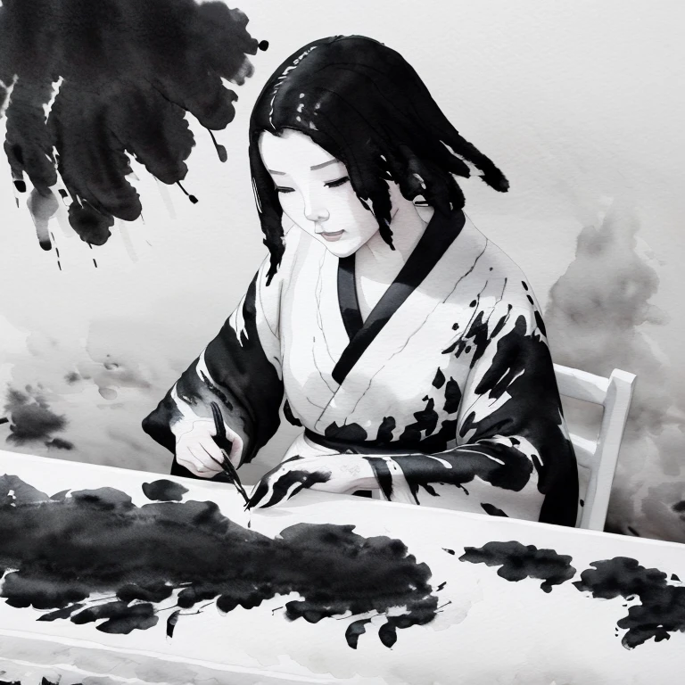 (((Ink Painting:1.5))),(((Black and white painting:1.4))),A picture of a Japanese woman with short hair writing a letter with a brush, 完璧なLine art, きれいなLine art, outline, Line art, 太い黒のLine art, 太いLine art, 美しいLine art,強烈なLine art, A style with strong shadows, Flowing hair and kimono, 、Old-fashioned Japanese woman writing a letter at a desk、She wears a plain but good quality white kimono with black trim.、Picture from the front、