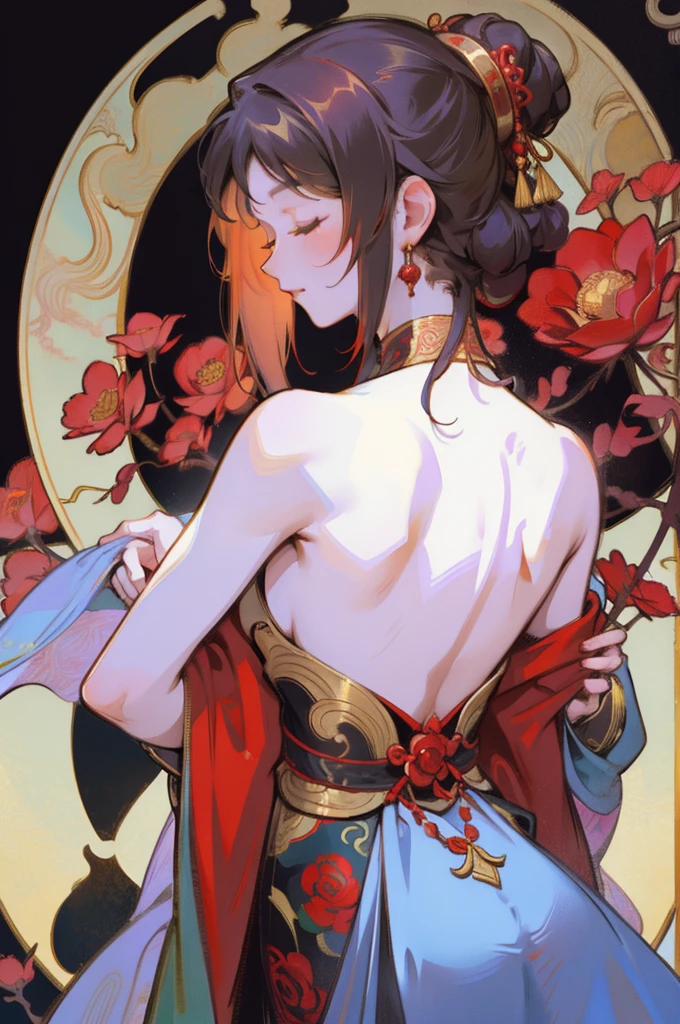 There is a woman's back in ancient China, back of the head, (only), (bare back tattoo), beautiful closed eyes, detailed face, like a dream, red and gold flowers, Ukiyo style, artwork Guwitz style. , Guviz, Alphonse Mucha and Rose Drews, a beautiful artistic illustration, author: Li Song, author: heroes, author: Zou Zhe, by Zeng Jing, by Ye Xin, author: Shitao, author: Zhou Fang, art nouveau Korean anime, Long loose hair 