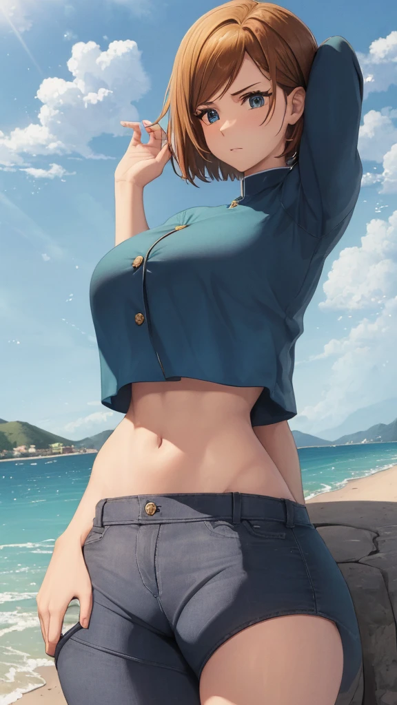 ((best quality)), ((masterpiece)), (detailed), short hair, blue top, crop top, blue fitted dolphin shorts , huge breasts, huge ass