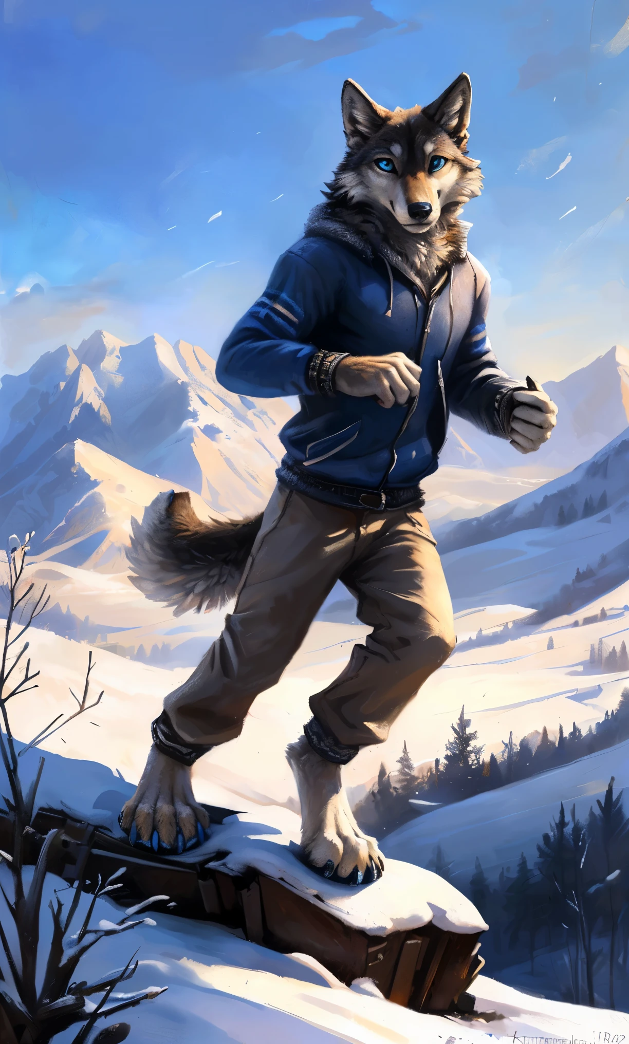 ((Solo)), male people, anthro wolf, (Multi-colored fur, White-brown:1.3,White tail pointed), (Height 2.1m,Tail length 1.2m), ((Wolf face, Big eyes, White eyelids, Blue pupil, Slim:1.2) (Tough, Calm expression:1.2)), Slim, pinging)), (Correct anatomy), (Winter clothing:1.1), The upper body naked, (detailed outfits),A long big tail,Feet,(Realistic fur, Detailed fur texture, labeled:1.3)), (Natural lighting), Photorealistic, Hyperrealistic, ultradetailed, by Kenket,Snowfield,erect through,Running on