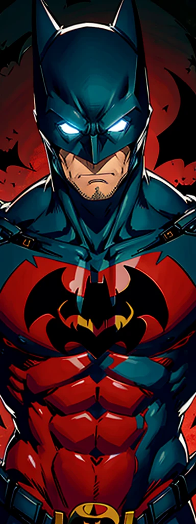 Batman, ultra detailed, red, colorful , angukar face,