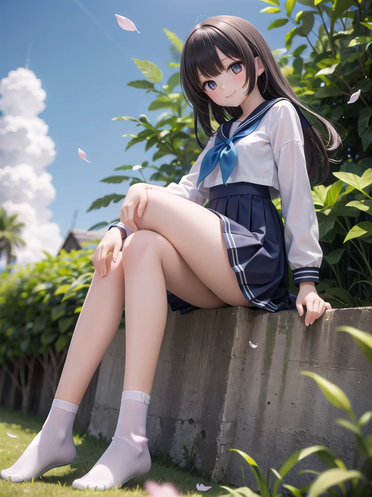 (masterpiece), town, blue sky, One Girl, smile, alone, Sailor suit、Long skirt, Overgrown, petal, plant、Skirt lining、Translucent slip、Nostalgic、Strong winds、Skirt fluttering in the wind
