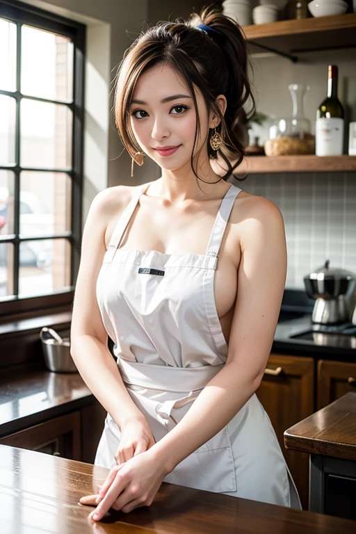 Woman working in a café, 30 years old,Mature Woman,Nao Kosaka,A charming smile,Slender figure,Naked Apron,Black Apron,Light brown hair,Medium Hair,ponytail,Natural Makeup,Earrings