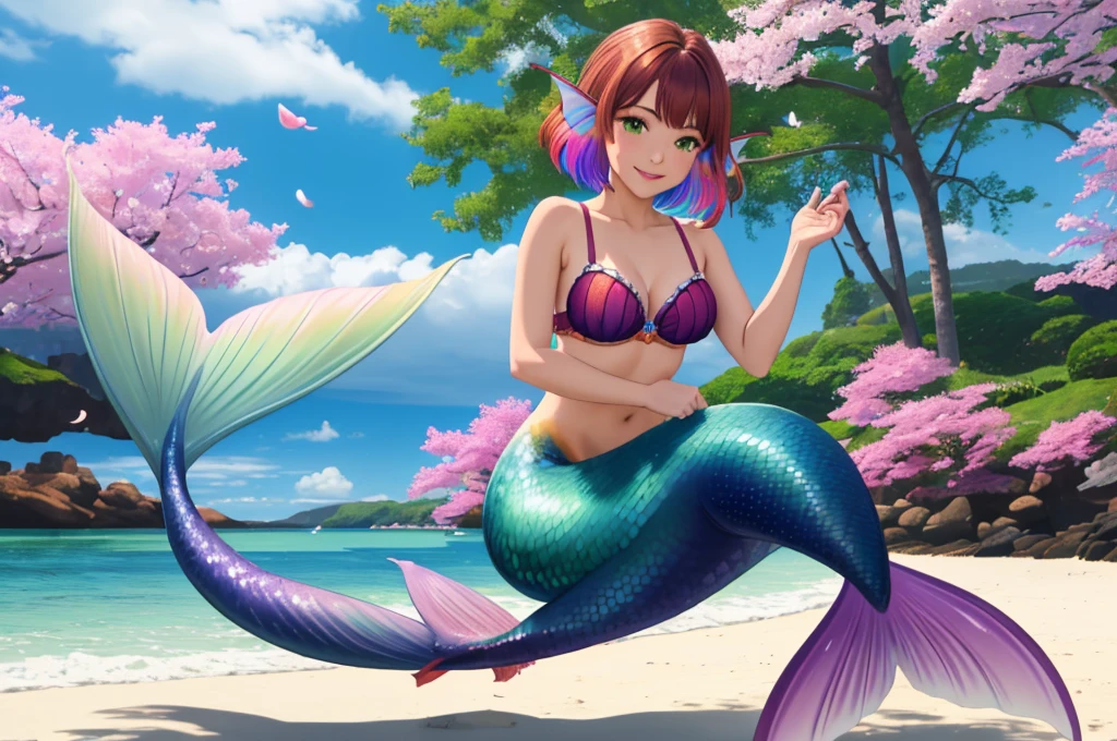 masterpiece, best quality:1.2), 1girl, smile, looking at viewer, green eyes, short brown multicolored hair, mermaid, mermaid girl, wearing purple seashell bra, laying on beach, colorful mermaid tail, outdoors, head fins, fin ears, under cherry blossoms