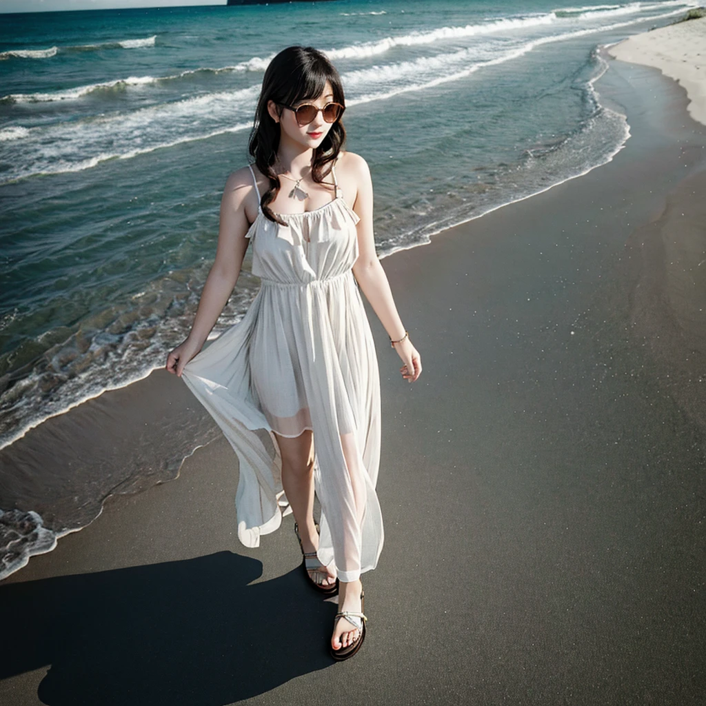 (best quality, 8k, masterpiece, highres, ultra-detailed), photorealistic, Tsukasa Hojo style, woman, white sundress, sandals, wavy hair, sunglasses, standing, beach, ocean background, delicate features, soft shadows, tranquil expression, subtle details, no exaggerated features, realistic skin, muted colors, minimalist background, soft lighting, film grain.