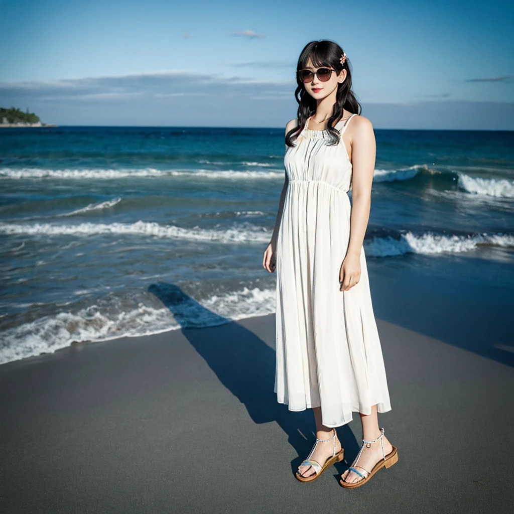 (best quality, 8k, masterpiece, highres, ultra-detailed), photorealistic, Tsukasa Hojo style, woman, white sundress, sandals, wavy hair, sunglasses, standing, beach, ocean background, delicate features, soft shadows, tranquil expression, subtle details, no exaggerated features, realistic skin, muted colors, minimalist background, soft lighting, film grain.