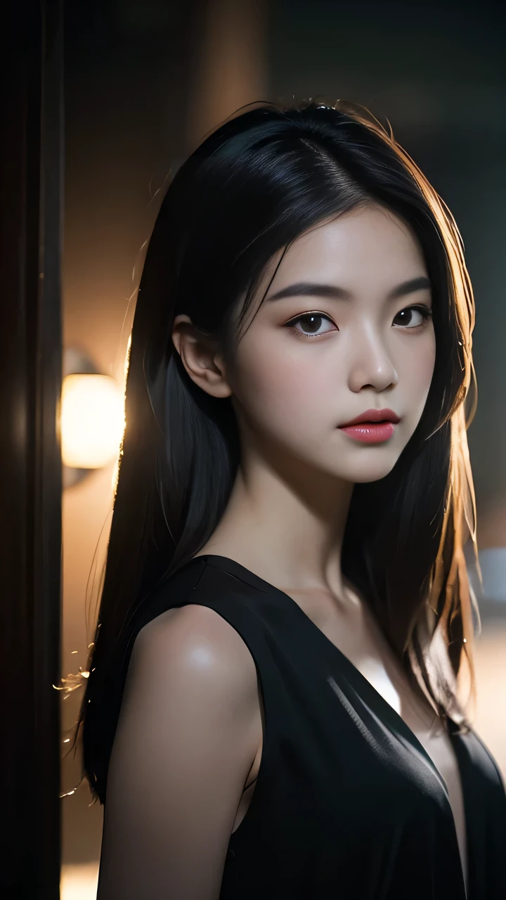 best quality， masterpiece， Ultra-high resolution， （Realistically：1.5）， original photo，charming， In the dark night， Deep Shadows， Low pitch， Cold Light， Sexy look,Shoulder-length straight hair,Slim
